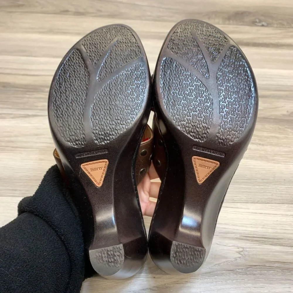 Born‎ Tupelo W5230 Brown Studded Wedge Heels Sandals Womens 8 EU 39 Criss Cross